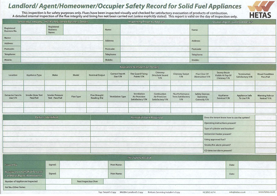 Safety Record for Solid Fuel Appliances